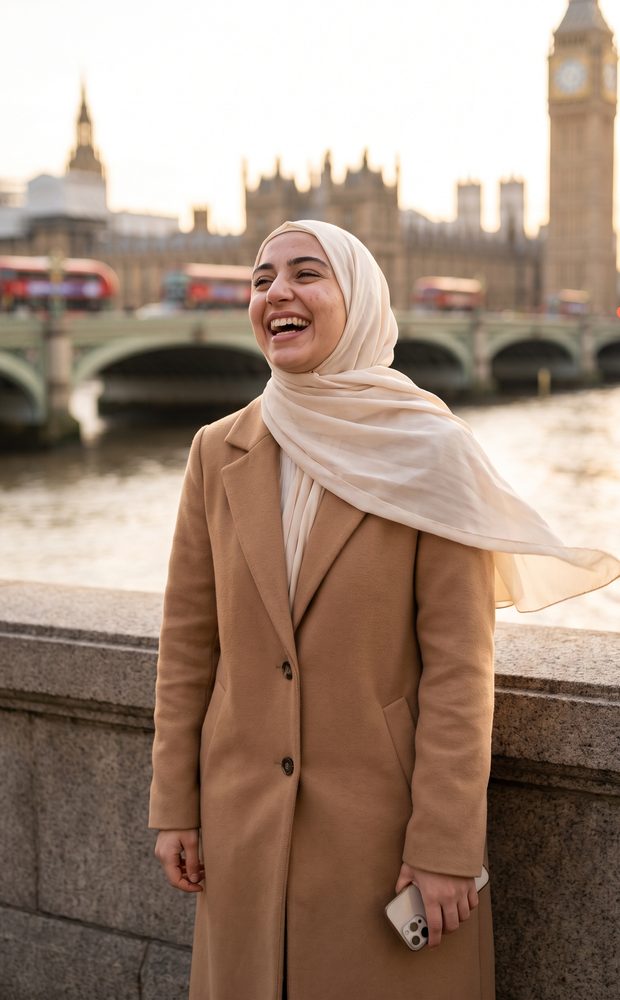 Laughing on a bridge in London at golden hour