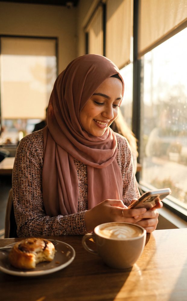 Checking her phone at a café window